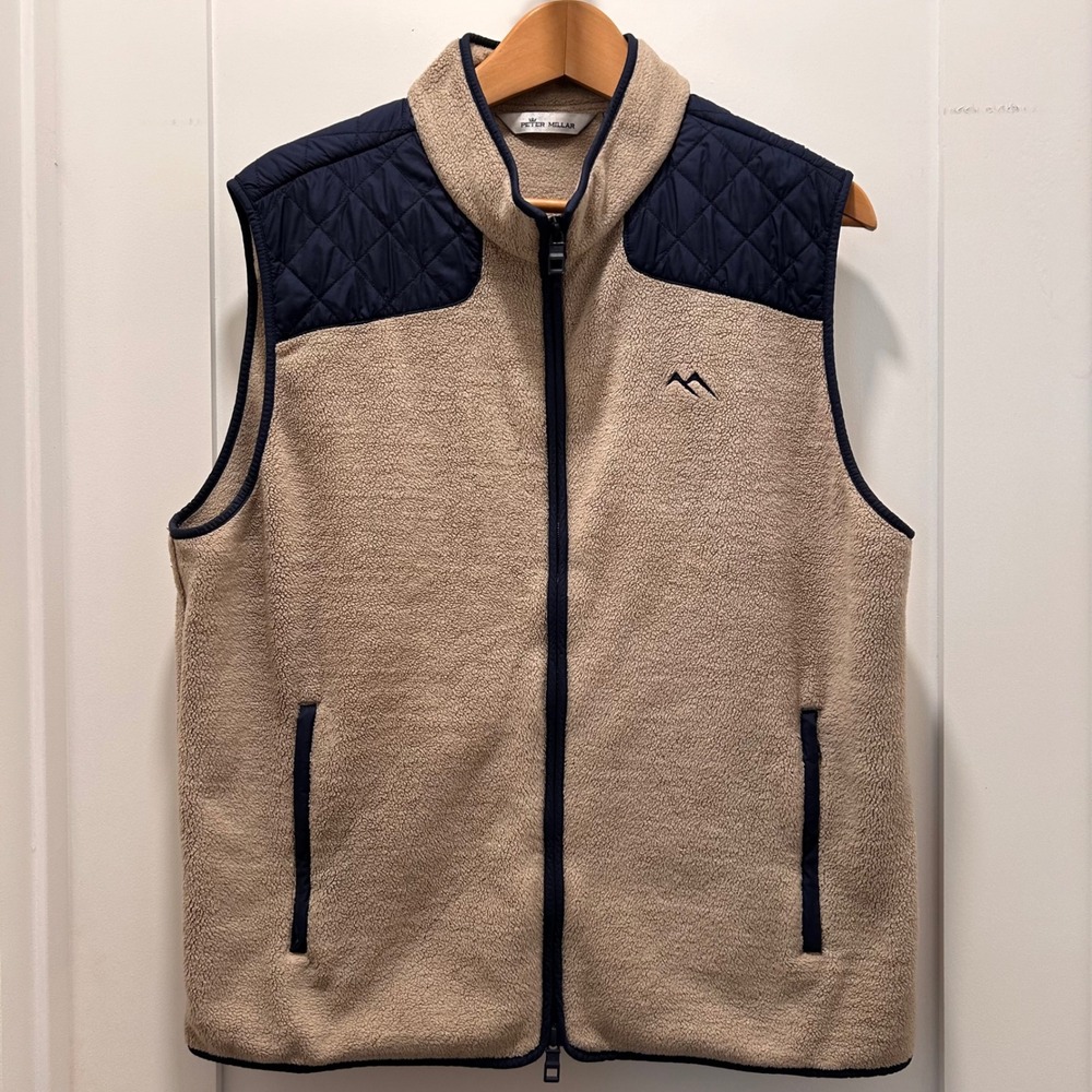 Peter Millar Crown Micro Shearling Fleece Vest Mens L Beechwood Tan Navy Quilted - Picture 2 of 16